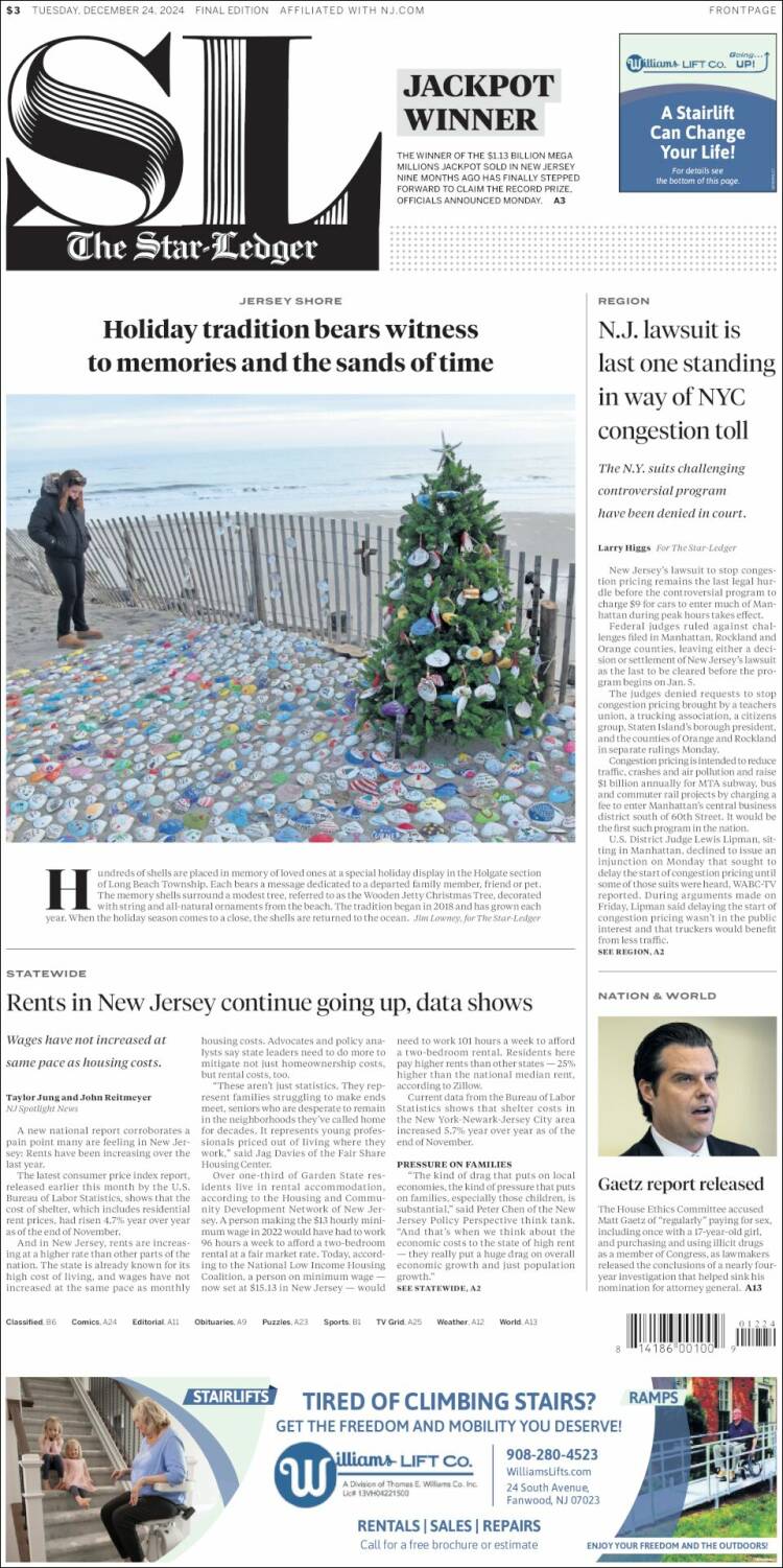 Portada de Star-Ledger (USA)