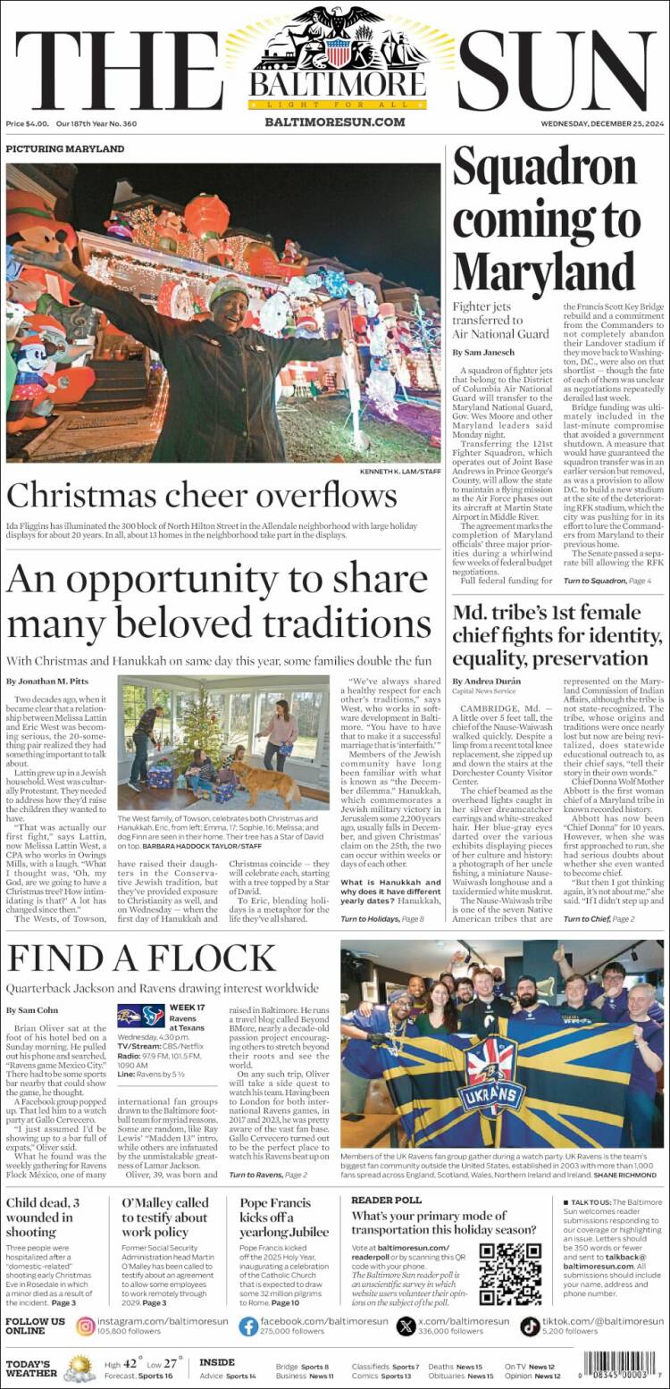 Portada de The Baltimore Sun (USA)
