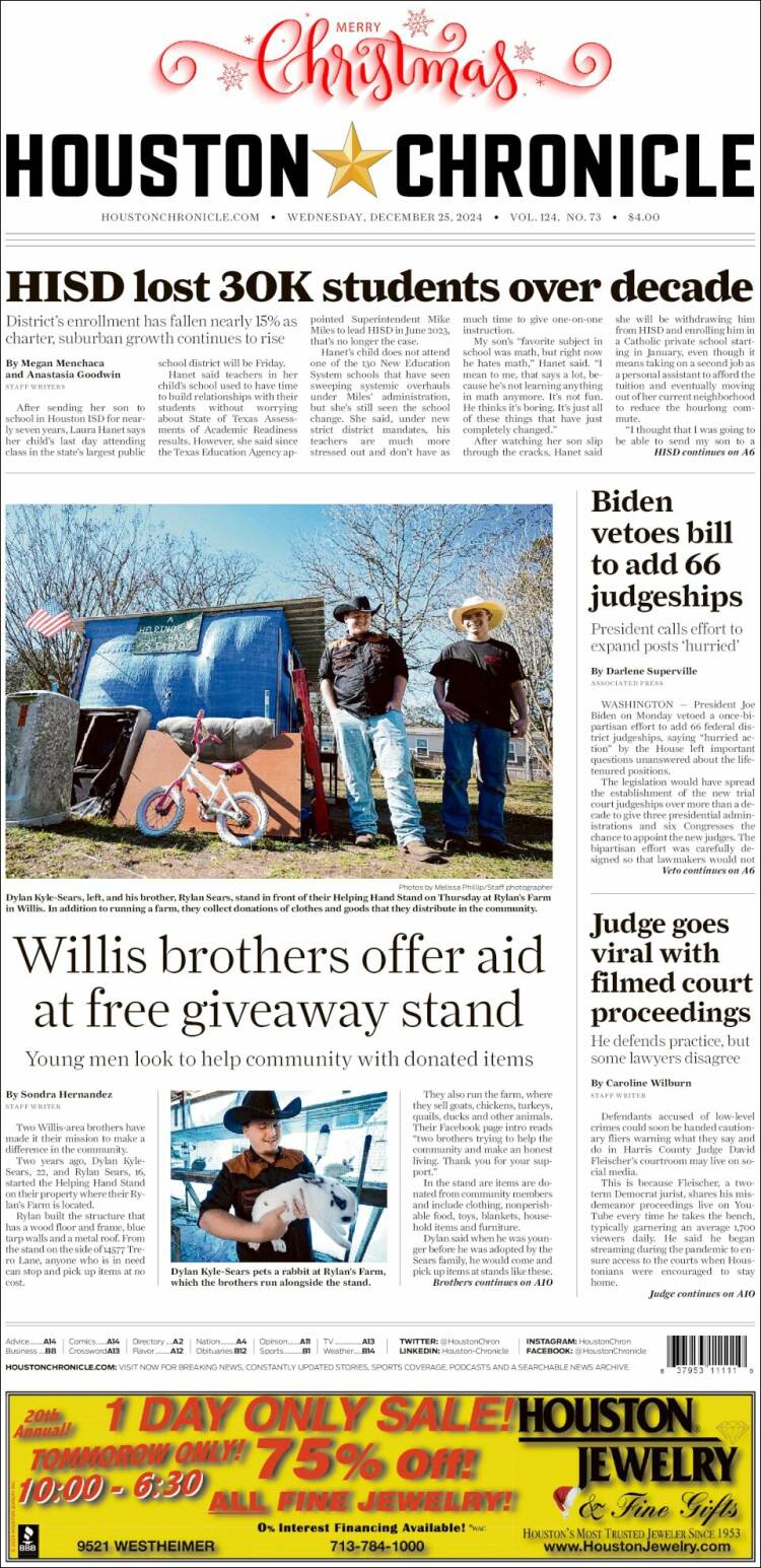 Portada de Houston Chronicle (USA)