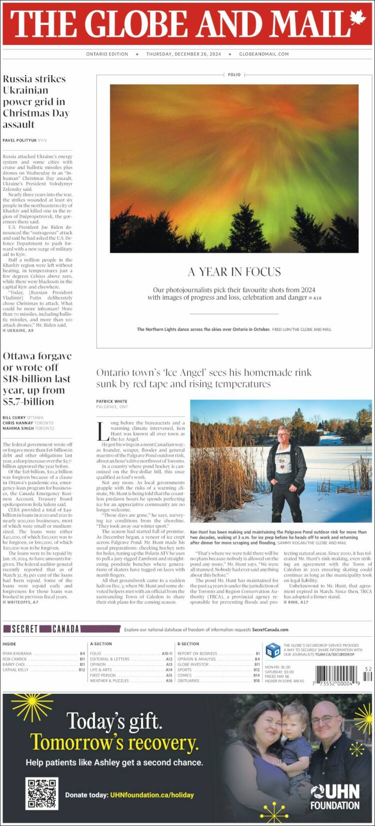 Portada de The Globe and Mail (Canadá)