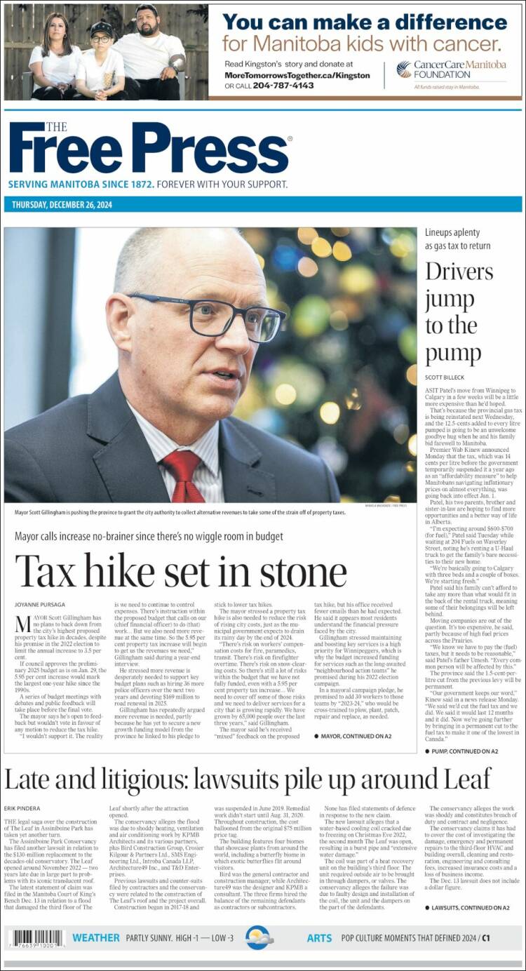 Portada de Winnipeg Free Press (Canadá)