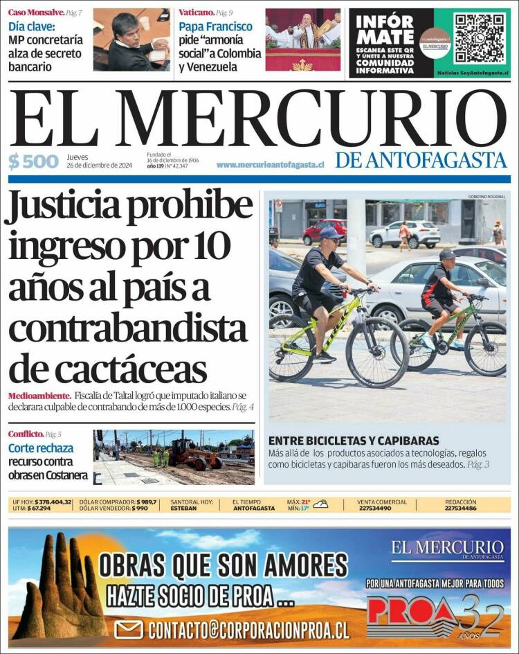 Portada de El Mercurio de Antofagasta (Chile)