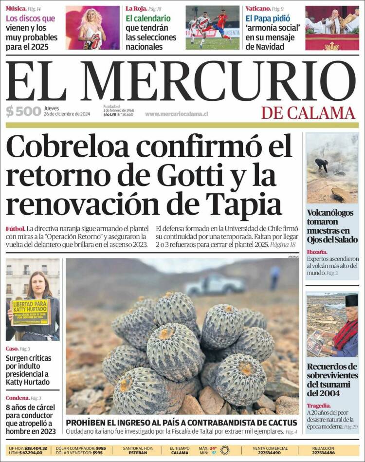 Portada de El Mercurio - Calama (Chile)