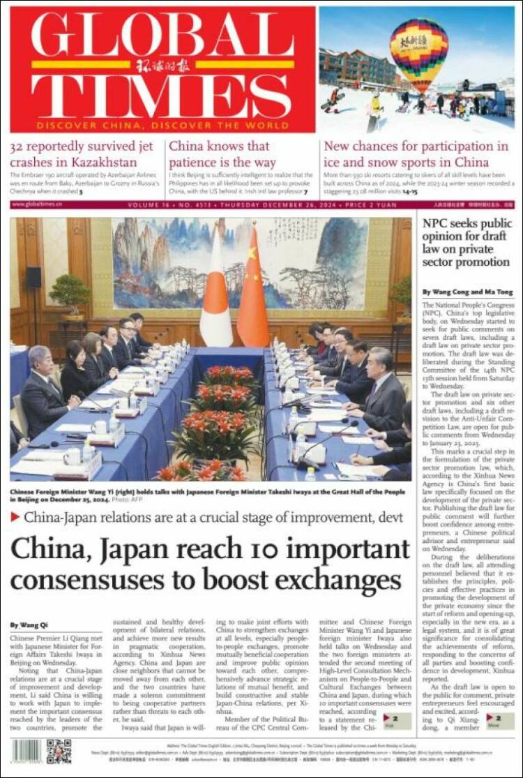 Portada de The Global Times (China)