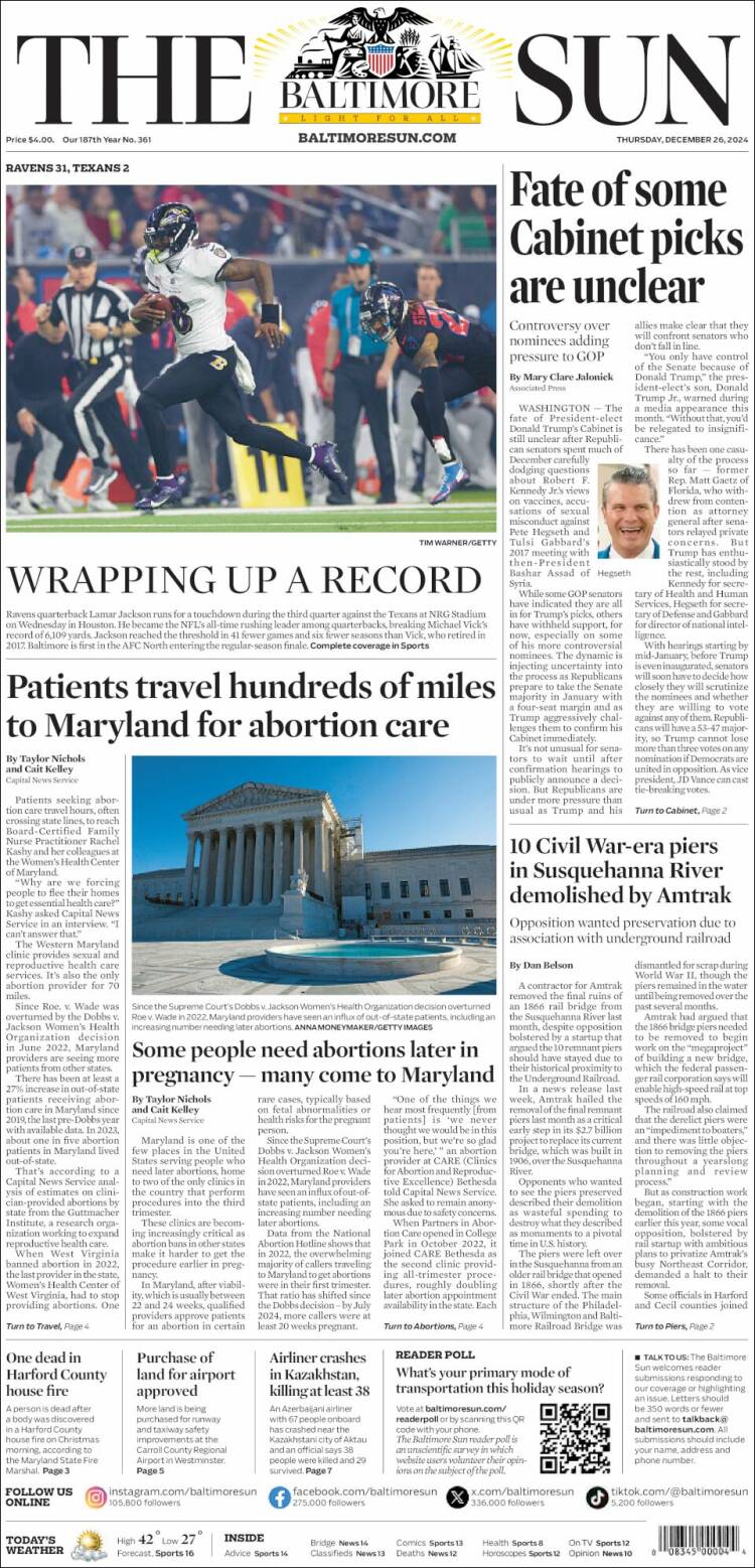 Portada de The Baltimore Sun (USA)