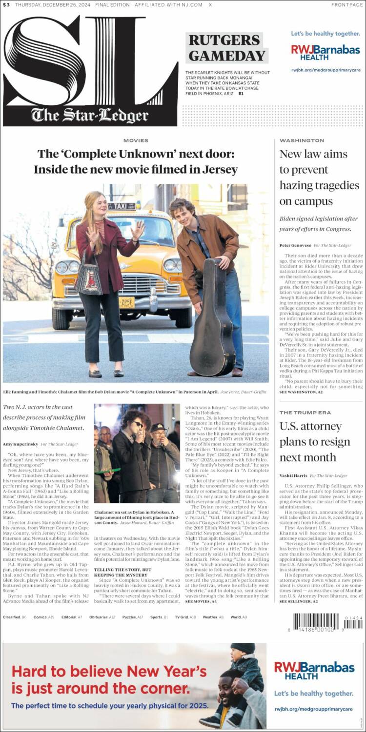 Portada de Star-Ledger (USA)