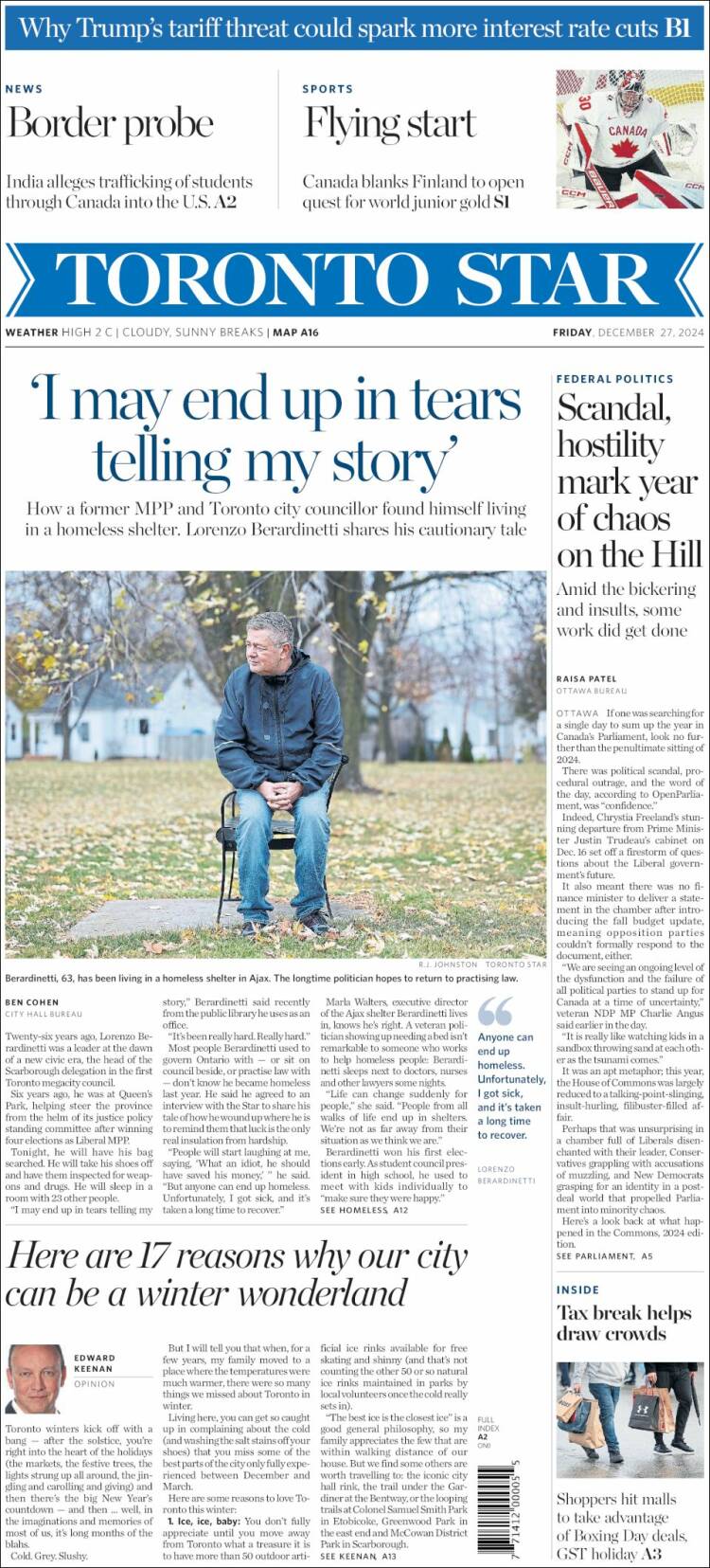 Portada de The Toronto Star (Canadá)