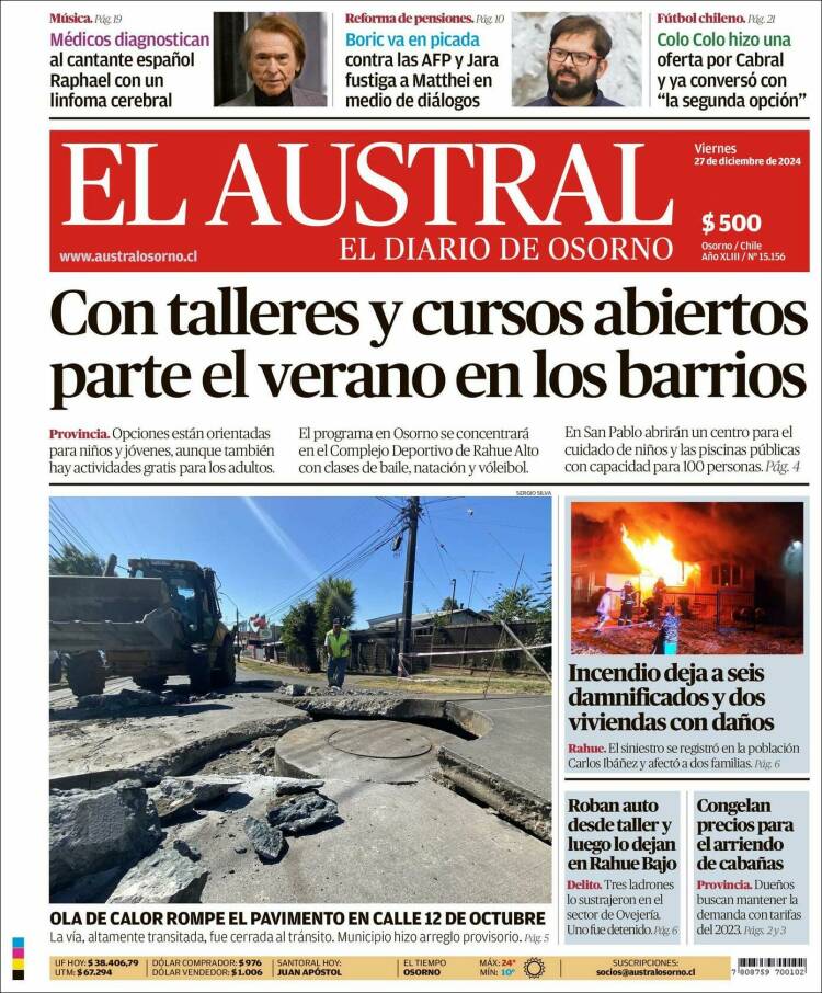 Portada de El Austral de Osorno (Chile)