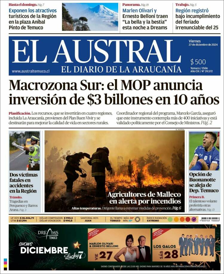 Portada de El Austral de Temuco (Chile)