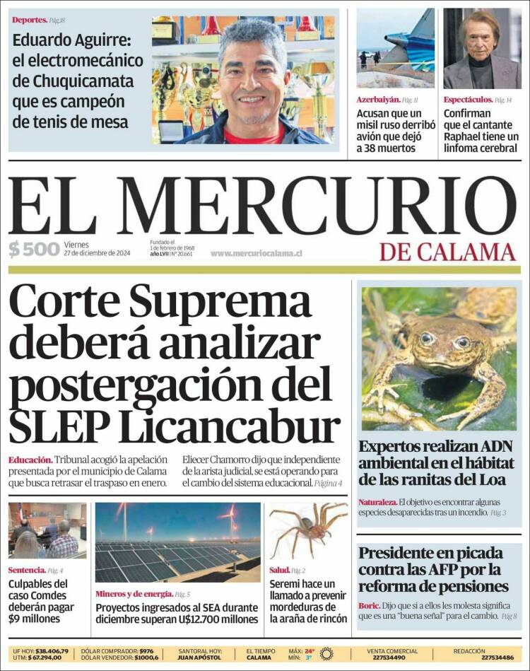 Portada de El Mercurio - Calama (Chile)