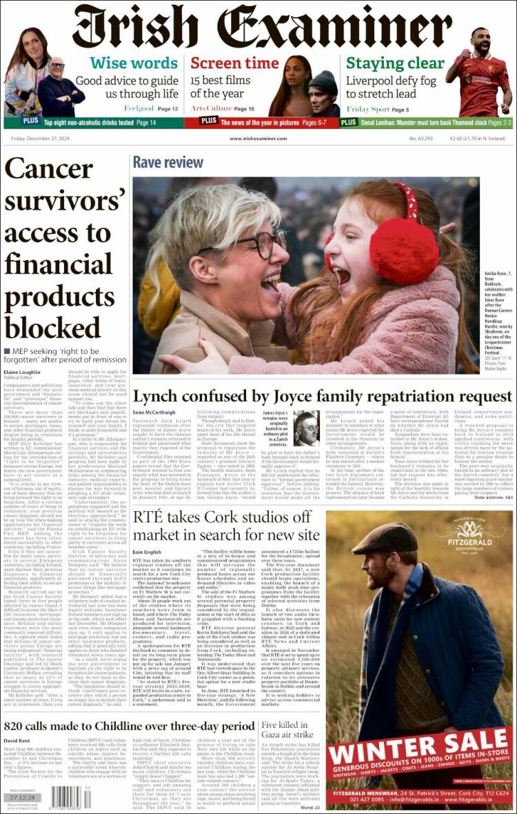 Portada de Irish Examiner (Irlanda)