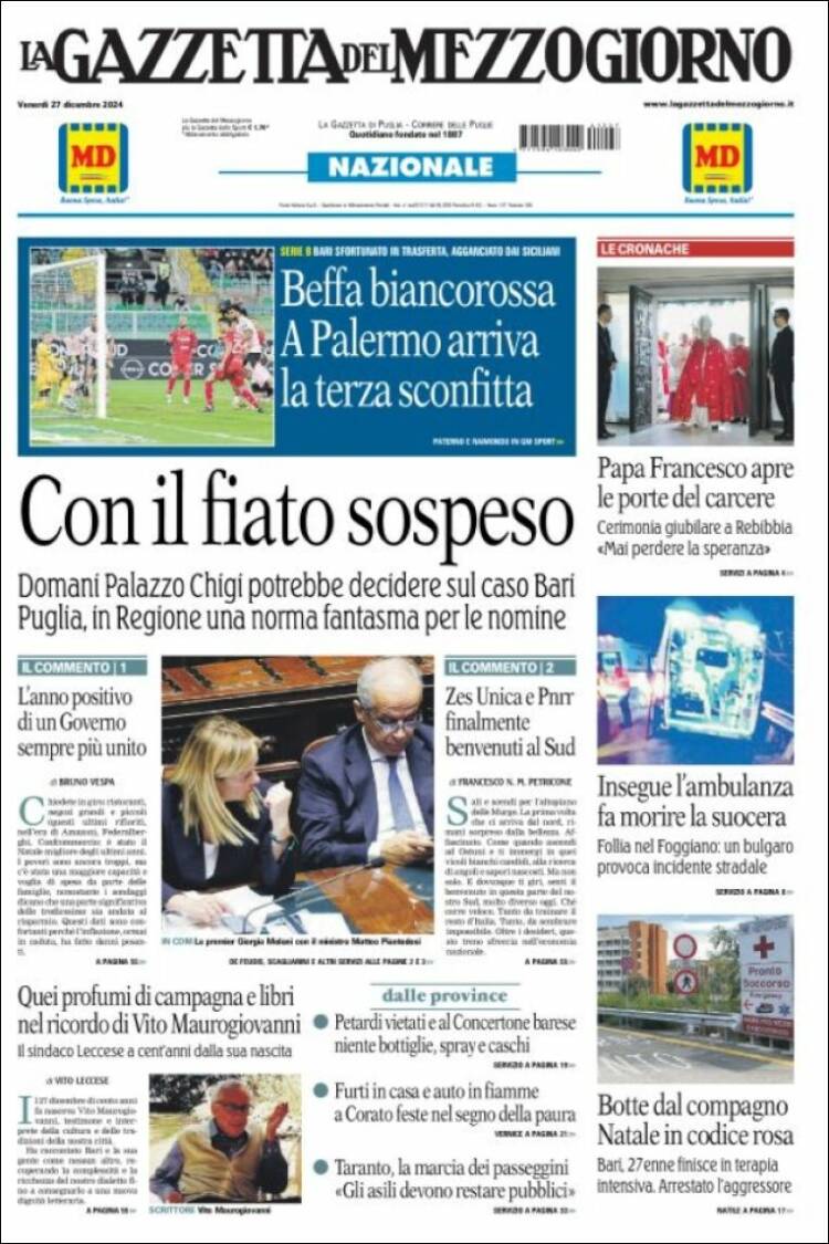 Portada de La Gazzetta del Mezzogiorno (Italia)