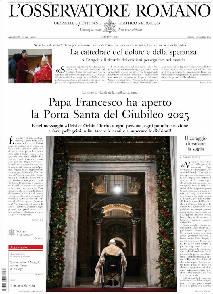 Portada de L'Osservatore Romano (Italia)