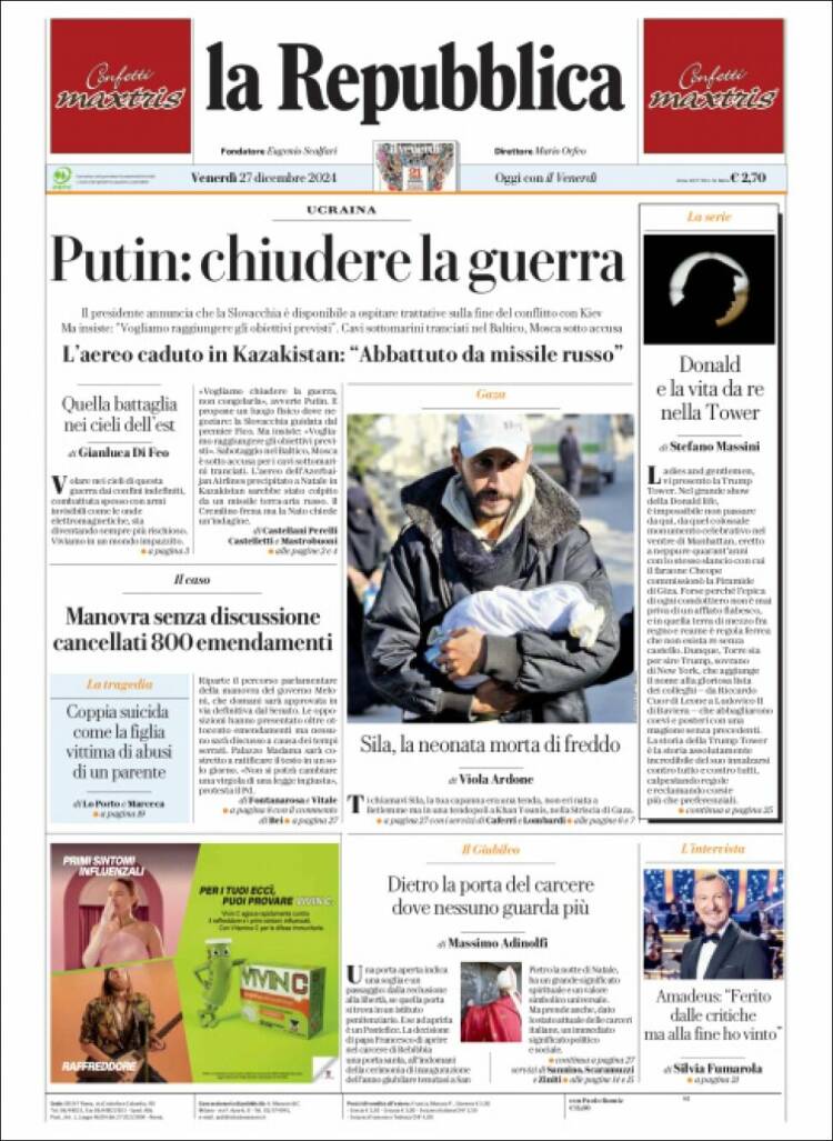 Portada de La Repubblica (Italia)