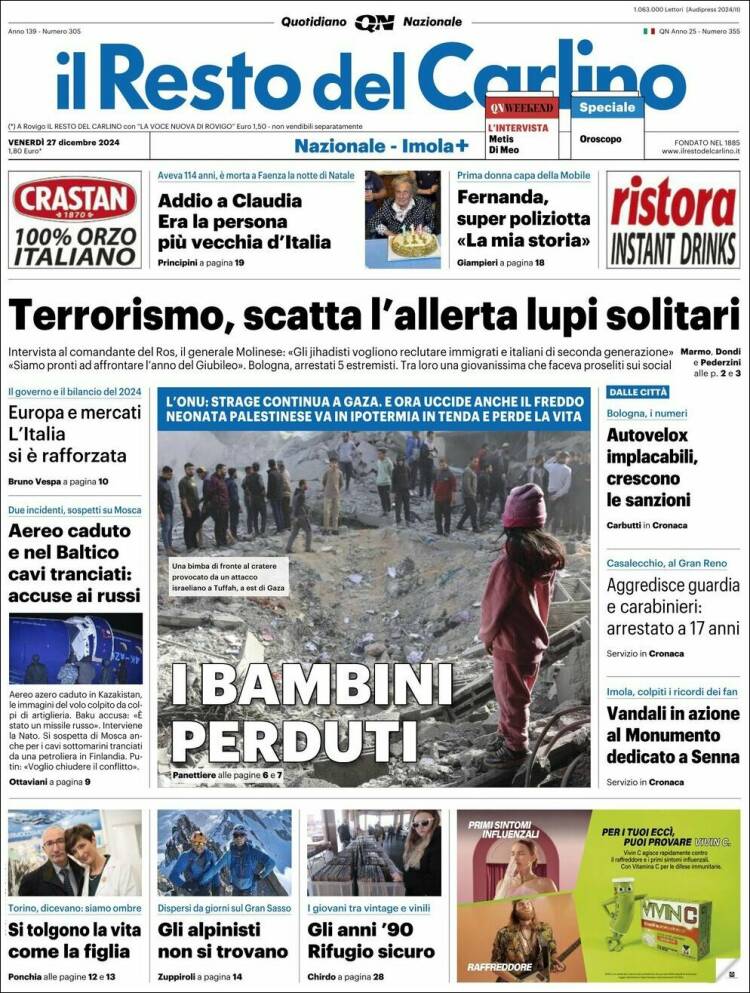Portada de Il Resto del Carlino (Italia)