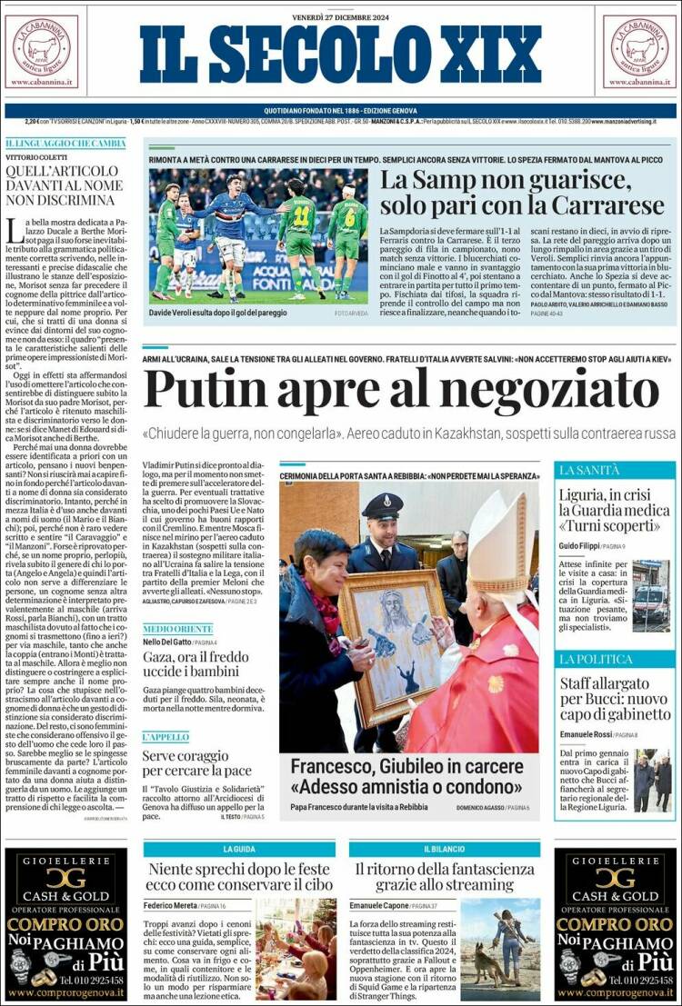 Portada de Il Secolo XIX (Italia)