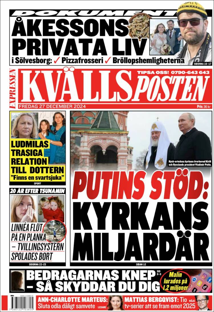 Portada de Kvällsposten (Suecia)