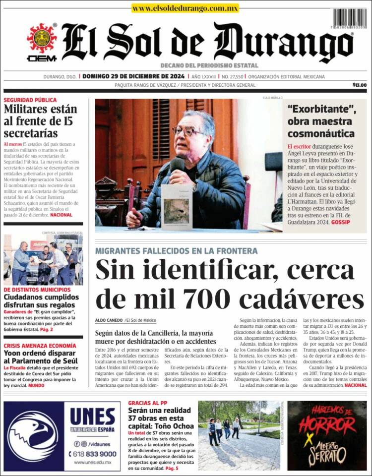 Portada de El Sol de Durango (M&eacute;xico)