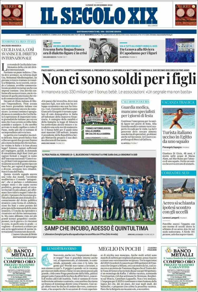Portada de Il Secolo XIX (Italia)