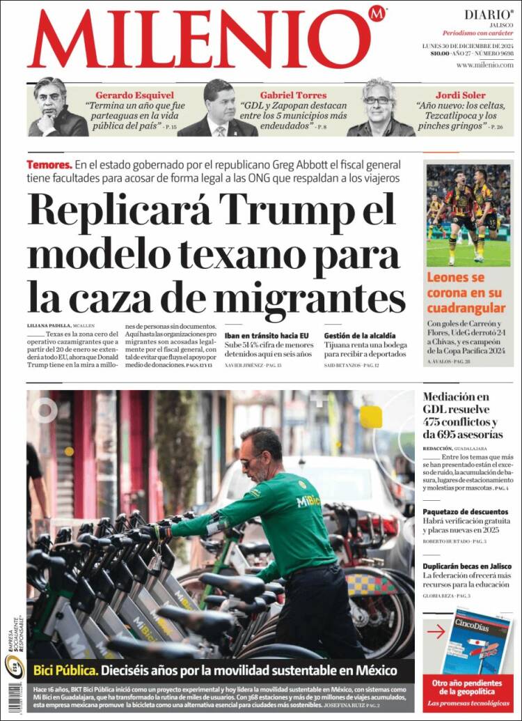 Portada de Milenio - Jalisco (México)