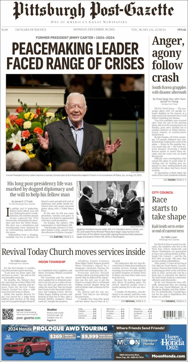 Portada de Pittsburgh Post-Gazette (USA)