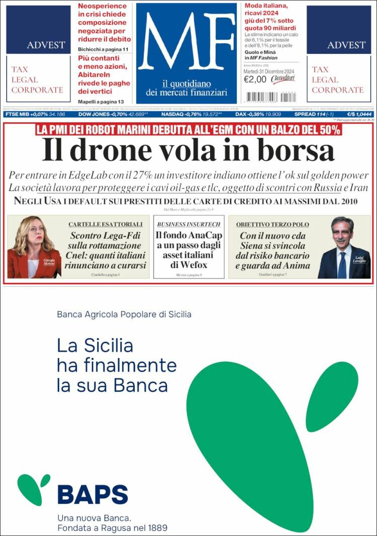 Portada de Milano Finanza (Italia)