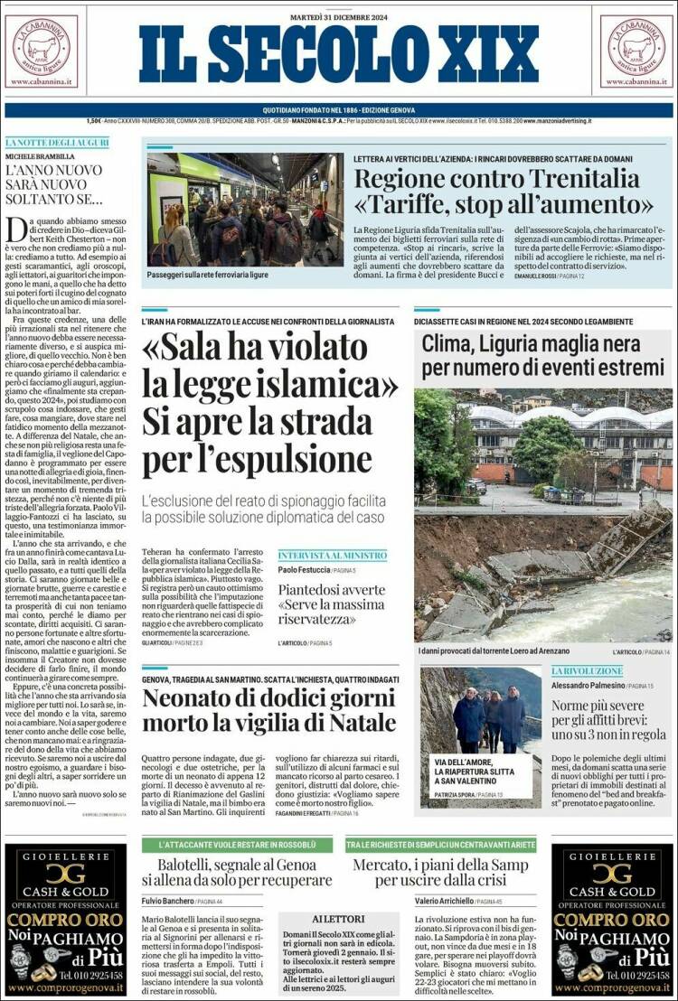 Portada de Il Secolo XIX (Italia)
