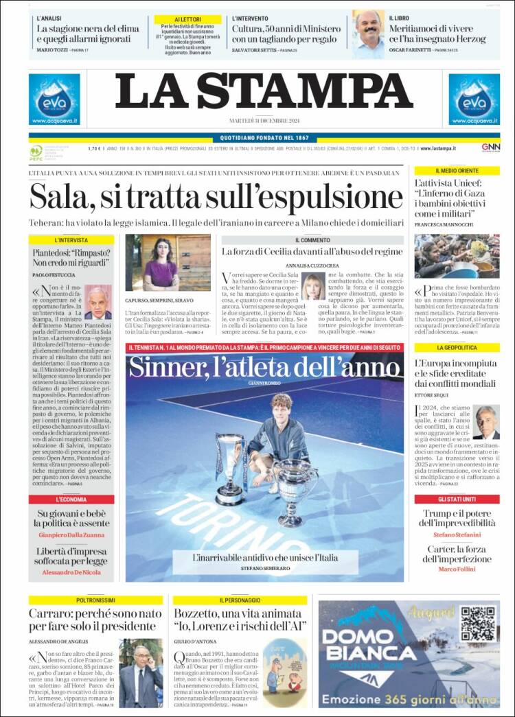 Portada de La Stampa (Italia)