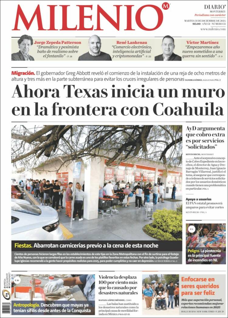 Portada de Milenio de Monterrey (M&eacute;xico)