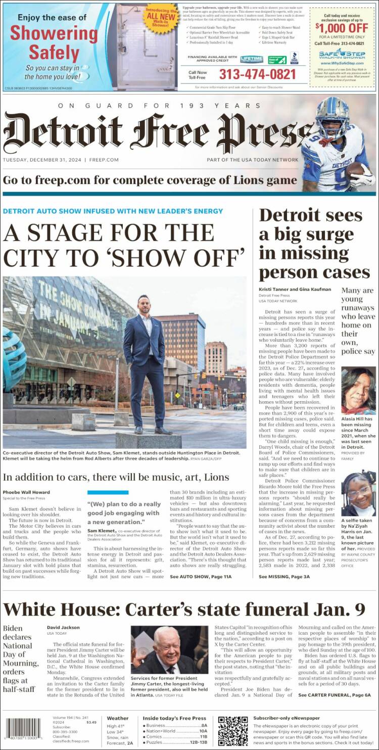 Portada de Detroit Free Press (USA)