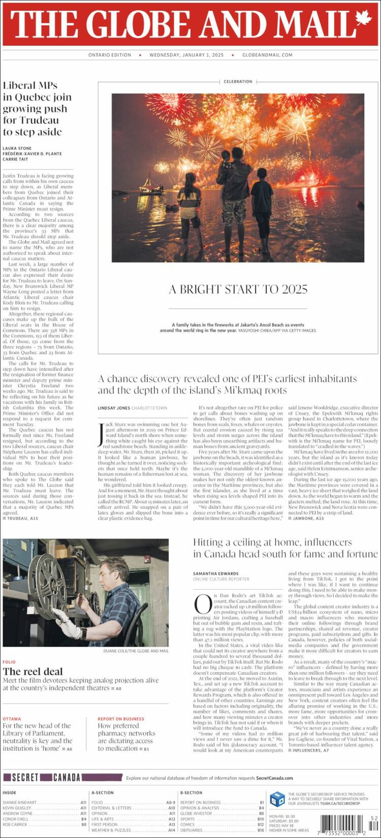 Portada de The Globe and Mail (Canadá)