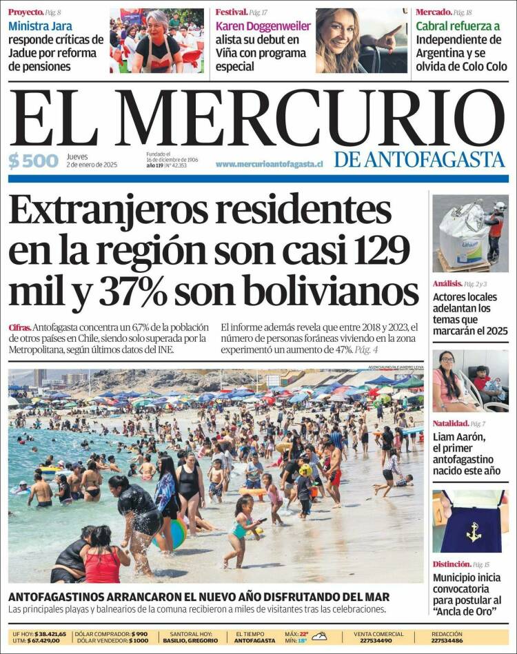 Portada de El Mercurio de Antofagasta (Chile)