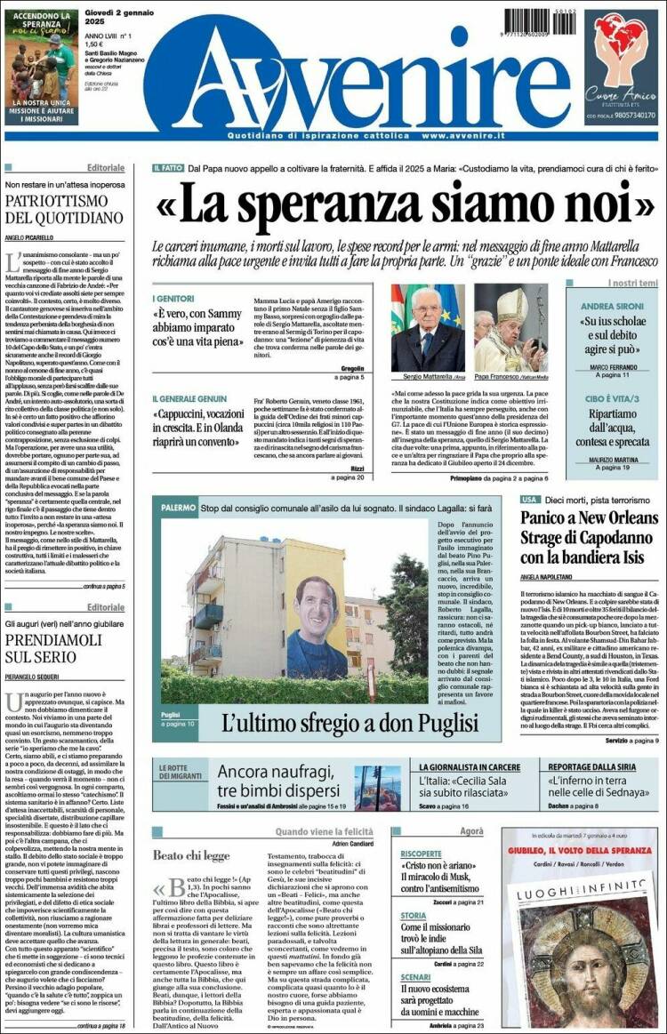 Portada de Avvenire (Italia)