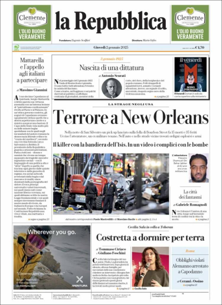 Portada de La Repubblica (Italia)