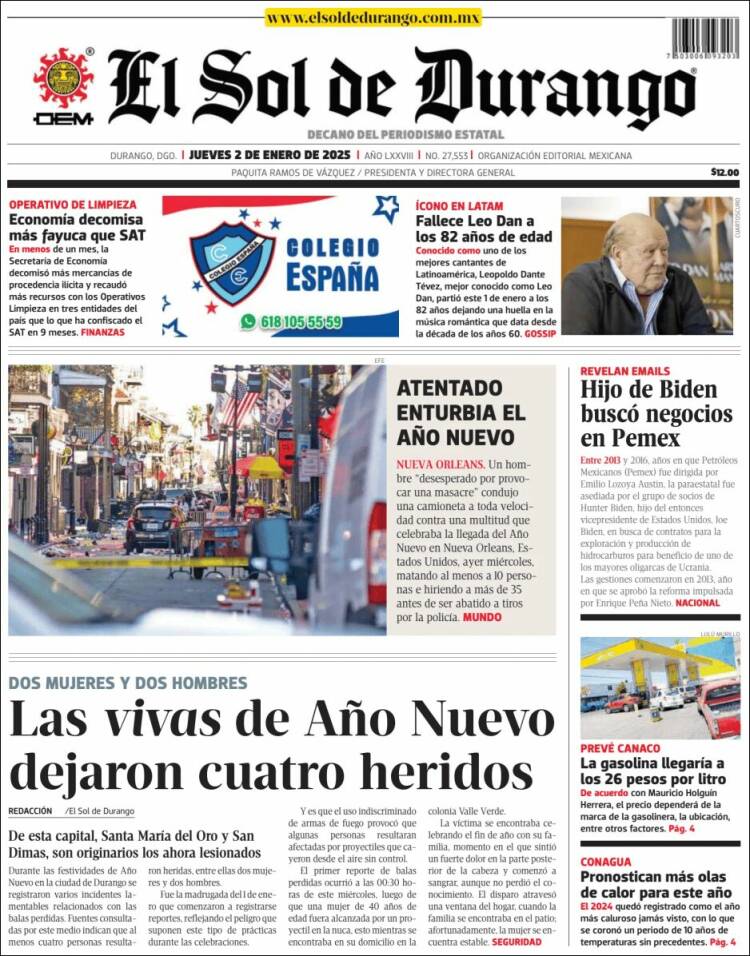 Portada de El Sol de Durango (M&eacute;xico)