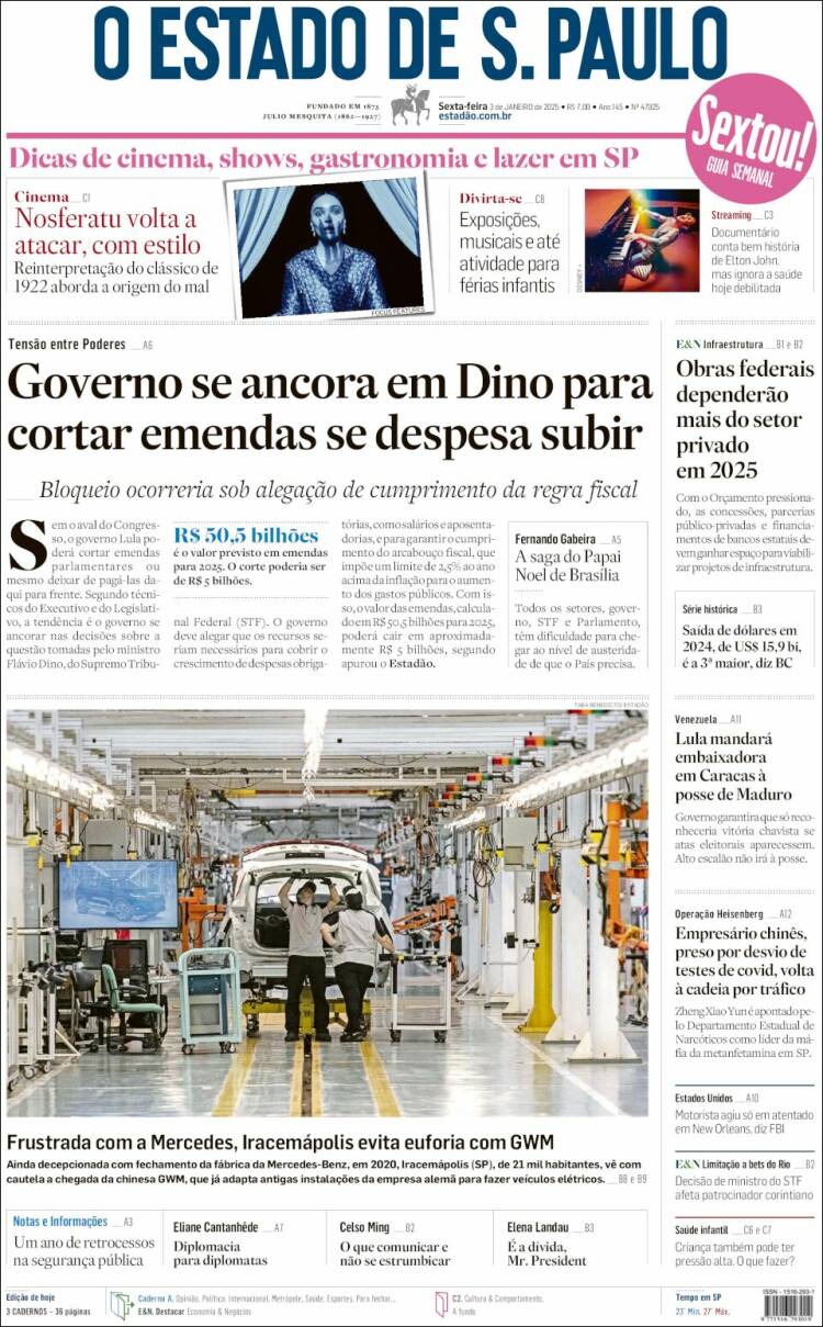 Portada de O Estado de São Paulo (Brasil)