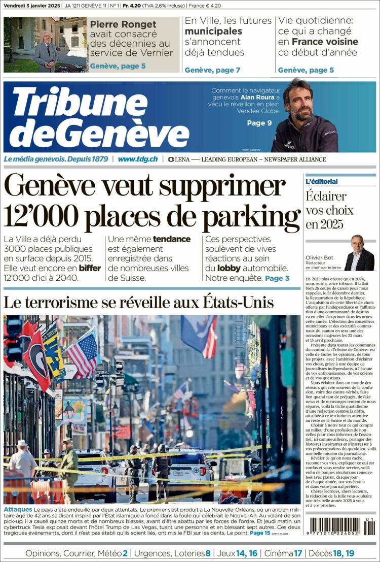 Portada de La Tribune de Genève (Suiza)