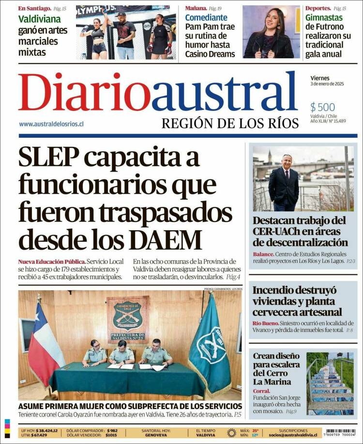 Portada de El Diario Austral de Valdivia (Chile)