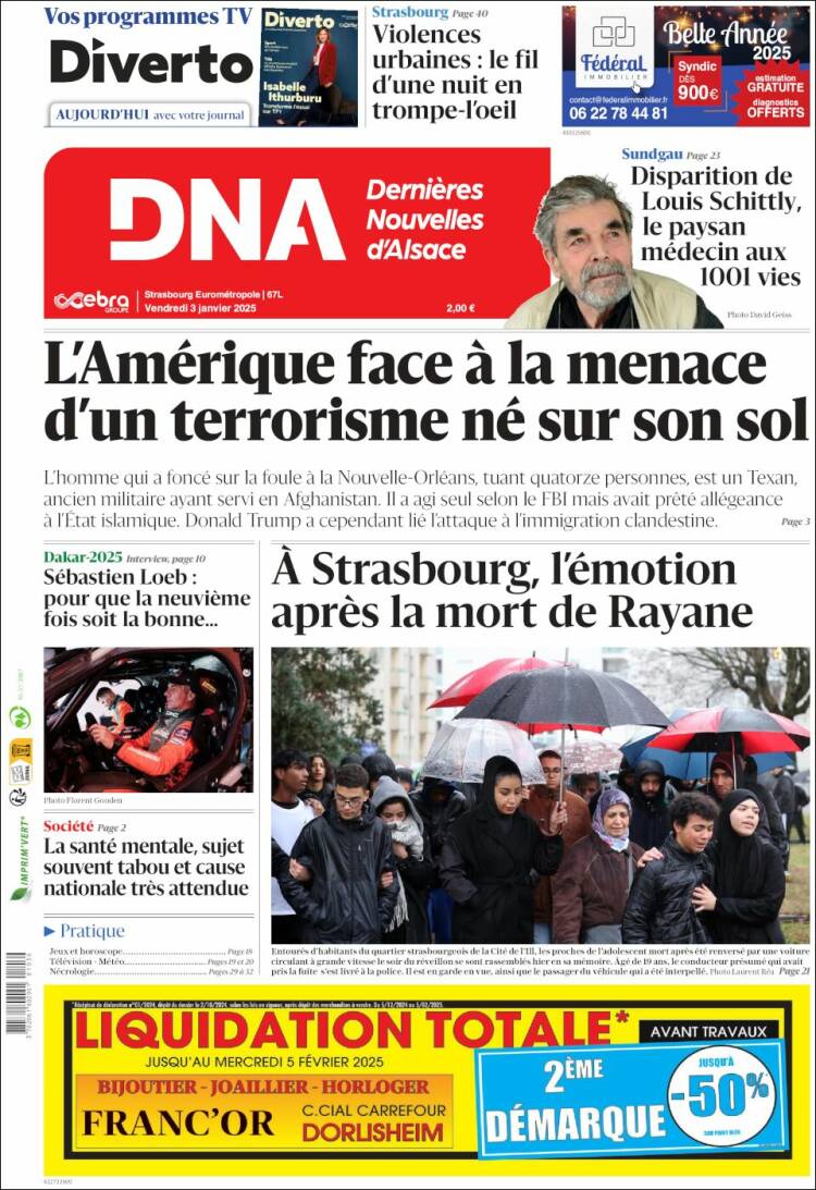 Portada de Les Dernières Nouvelles d'Alsace (Francia)
