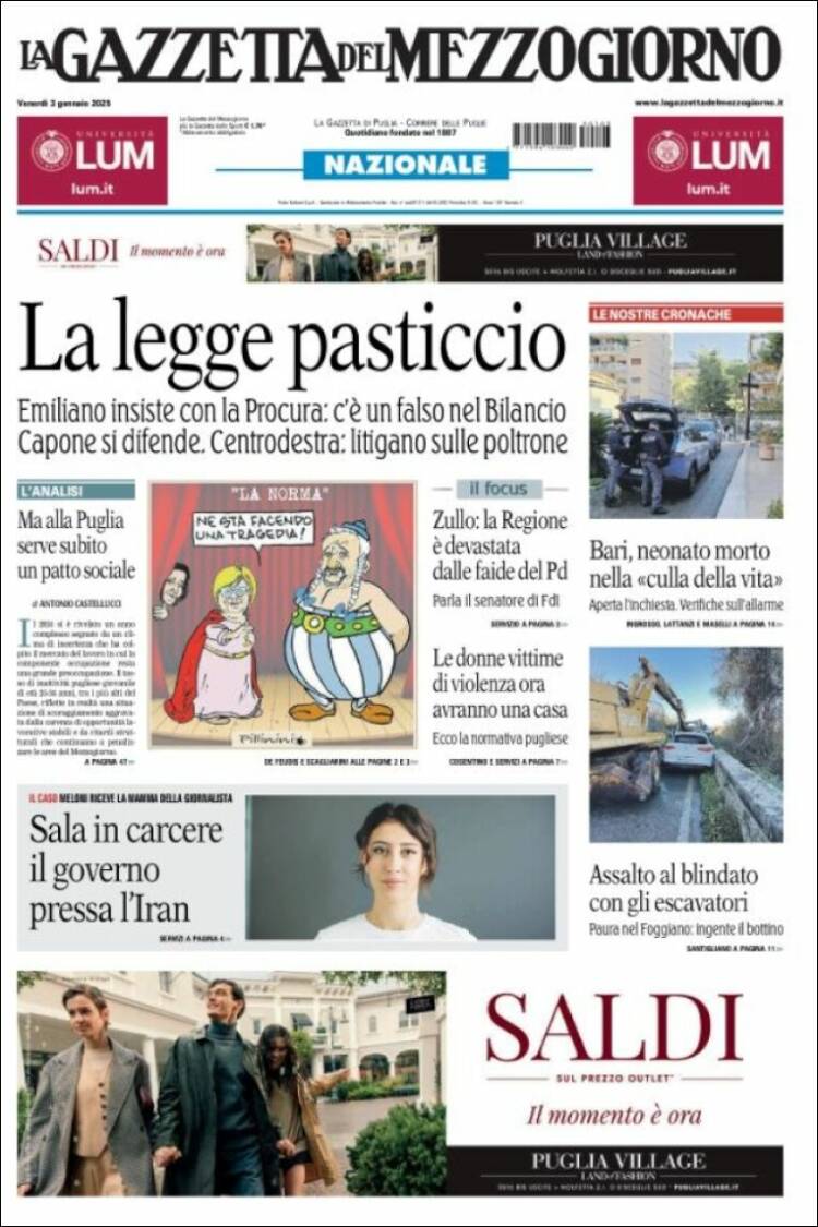 Portada de La Gazzetta del Mezzogiorno (Italia)