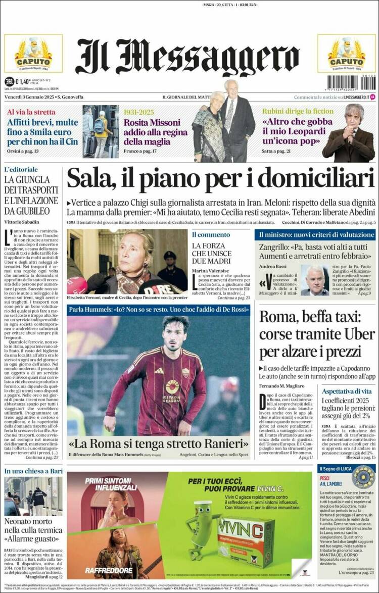 Portada de Il Messaggero (Italia)