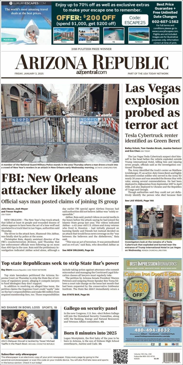 Portada de Arizona Republic News (USA)