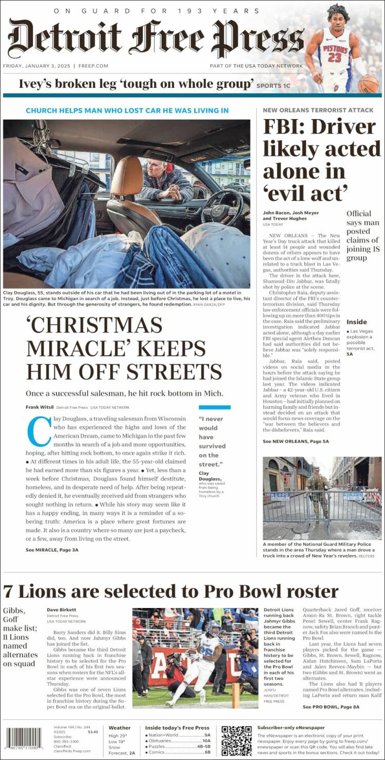 Portada de Detroit Free Press (USA)