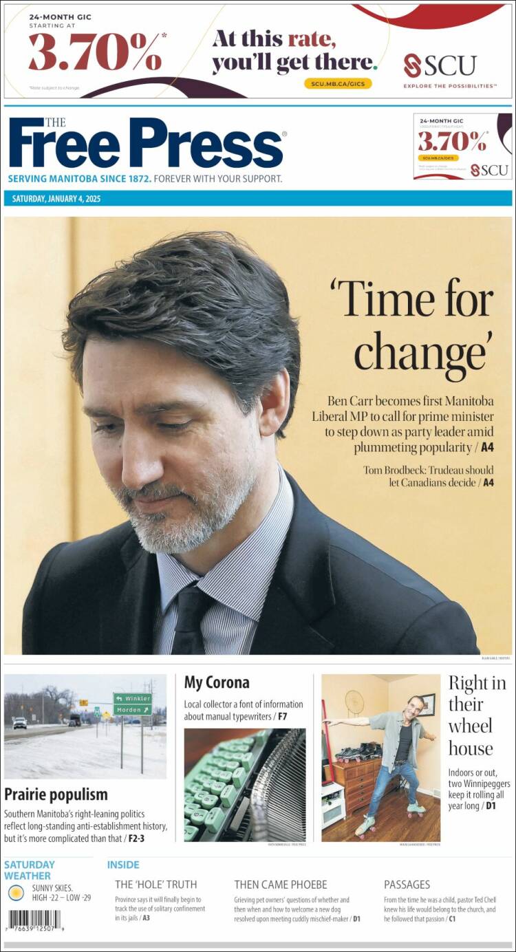 Portada de Winnipeg Free Press (Canadá)