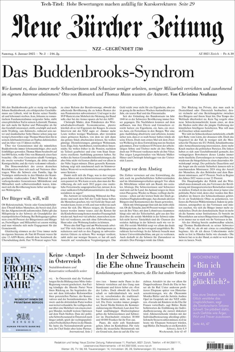 Portada de Neue Zürcher Zeitung (Suiza)