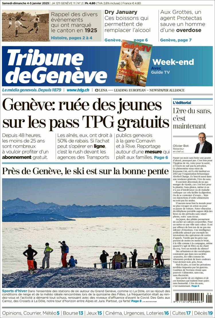 Portada de La Tribune de Genève (Suiza)