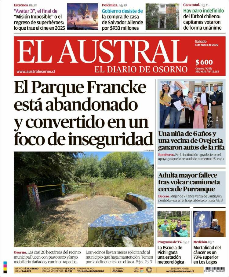 Portada de El Austral de Osorno (Chile)