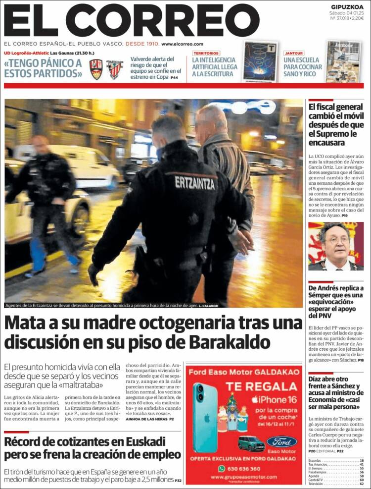 Portada de El Correo - Guipuzcoa (España)