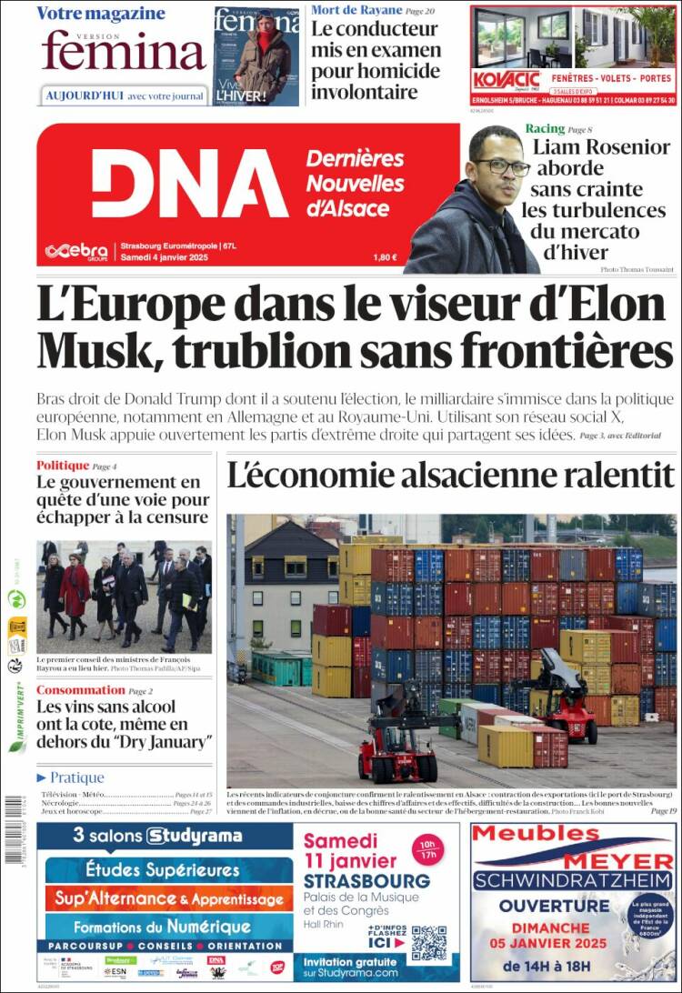 Portada de Les Dernières Nouvelles d'Alsace (Francia)