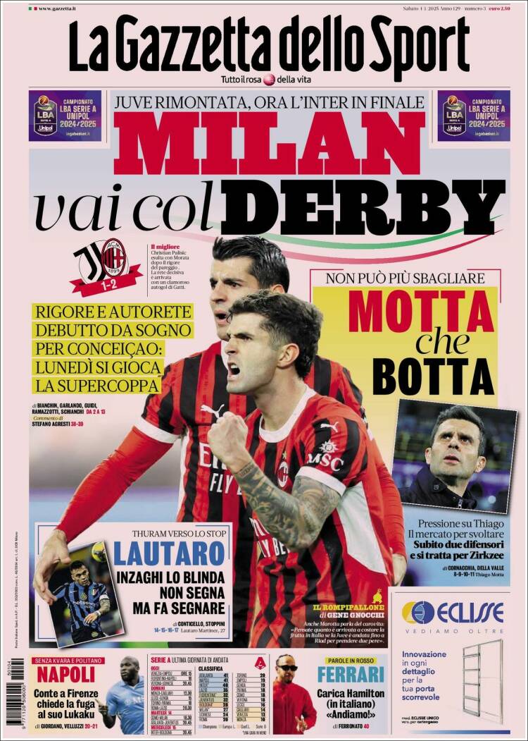 Portada de La Gazzetta dello Sport (Italia)